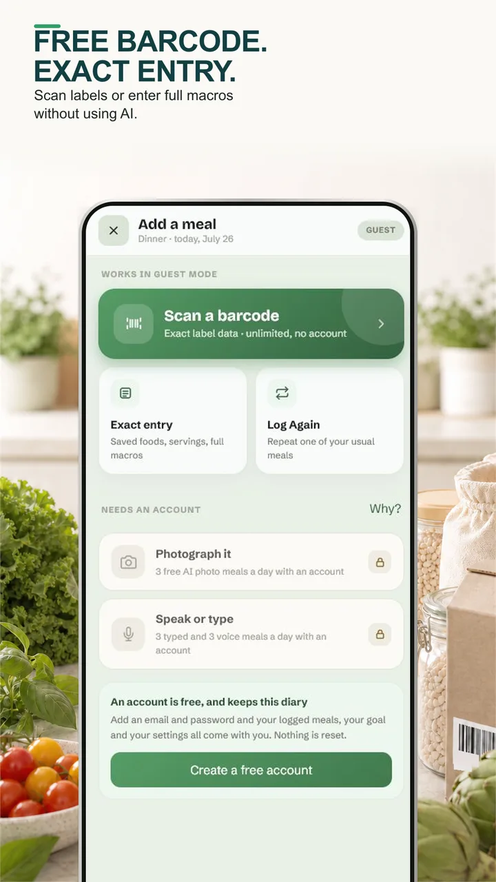 Adding a meal by barcode or exact entry